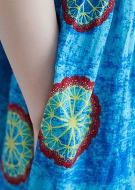 Classy Blue Print Cotton Dresses O Neck Pockets Kaftan Summer Dresses