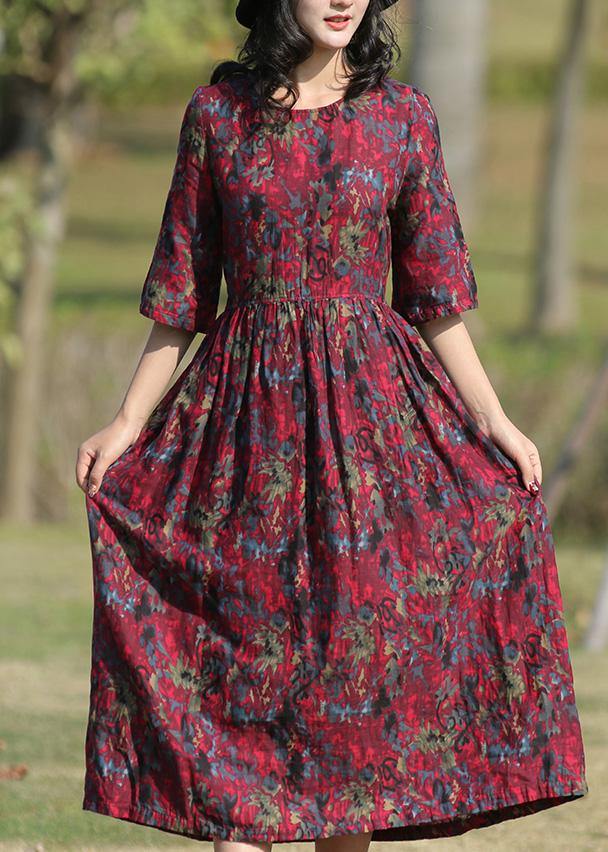 Classy Burgundy Prints Linen Wardrobes O Neck Long Summer Dress