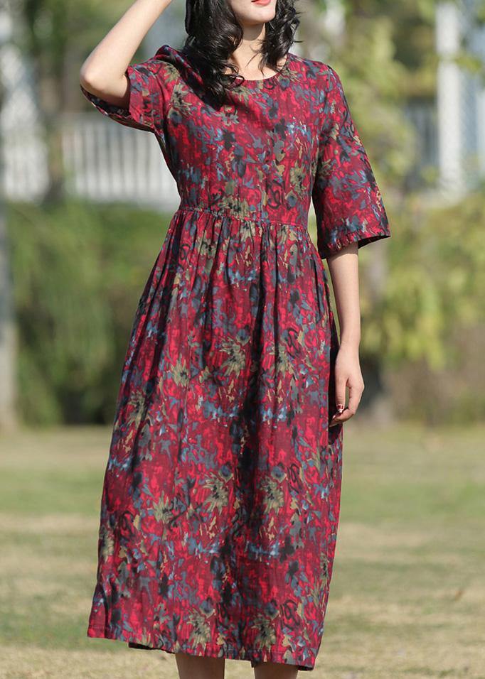 Classy Burgundy Prints Linen Wardrobes O Neck Long Summer Dress