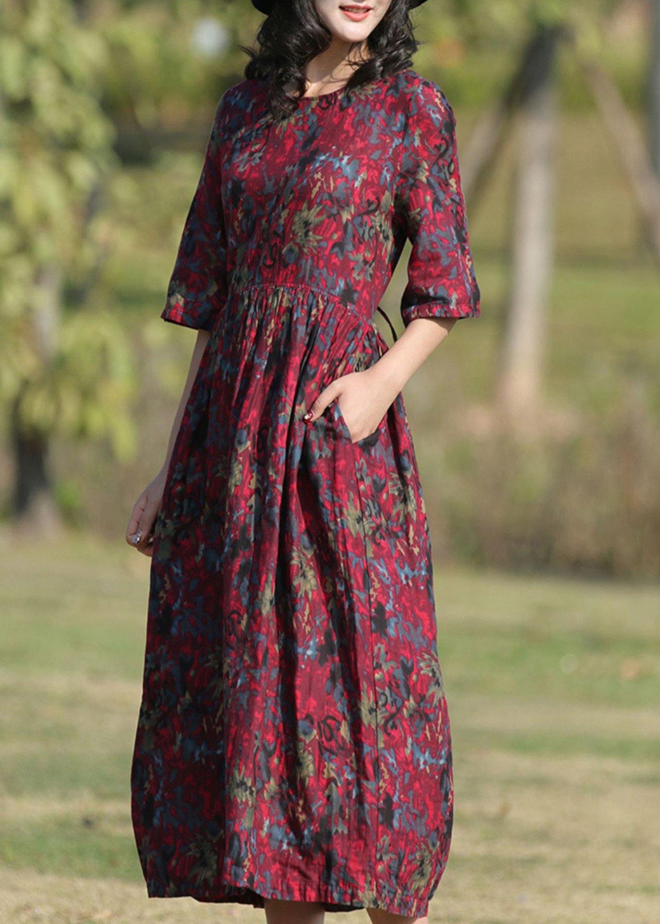 Classy Burgundy Prints Linen Wardrobes O Neck Long Summer Dress