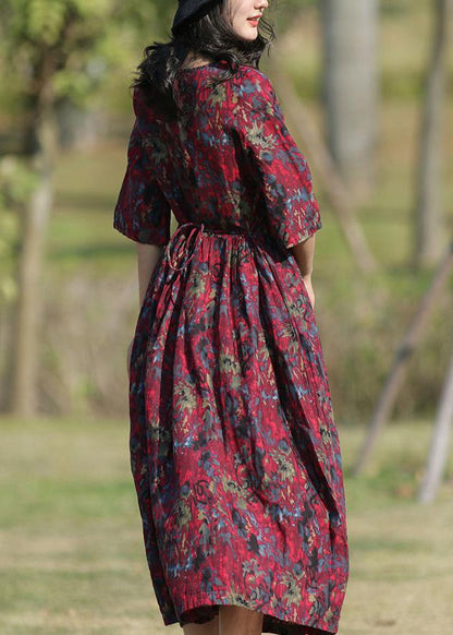 Classy Burgundy Prints Linen Wardrobes O Neck Long Summer Dress