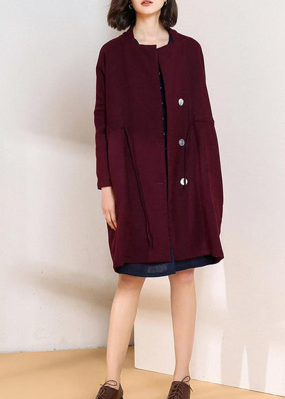 Classy Burgundy Fine Trench Coat Shape Drawstring Double Breast Coats