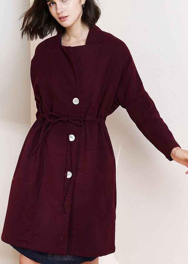 Classy Burgundy Fine Trench Coat Shape Drawstring Double Breast Coats