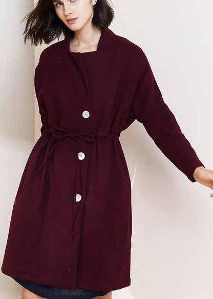 Classy Burgundy Fine Trench Coat Shape Drawstring Double Breast Coats