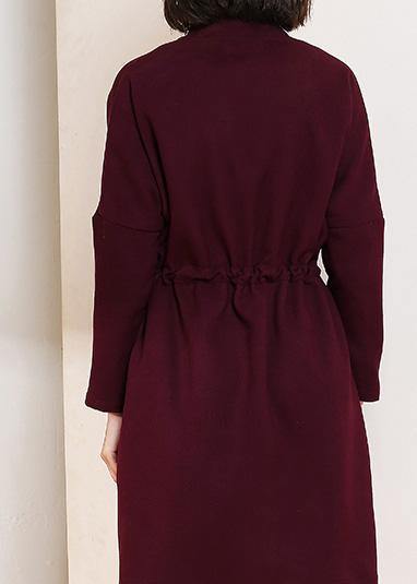 Classy Burgundy Fine Trench Coat Shape Drawstring Double Breast Coats
