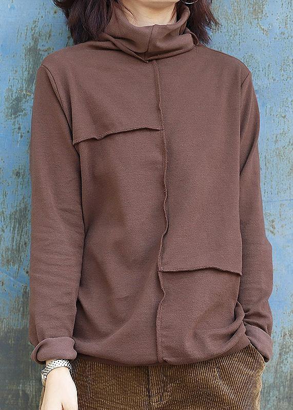 Classy Chocolate Cotton Tunic Top Patchwork Short High Neck Shirts