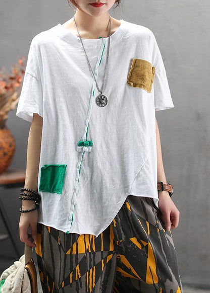 Classy Cotton Clothes Round Neck Loose Irregular Blouse