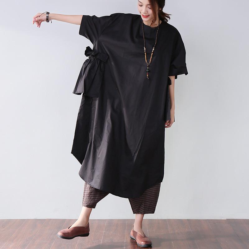 Classy Cotton Dresses Stylish Splicing Summer Loose Cotton Pocket Black Dress