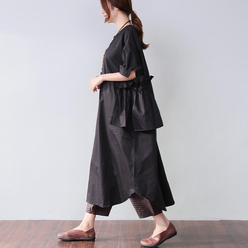 Classy Cotton Dresses Stylish Splicing Summer Loose Cotton Pocket Black Dress