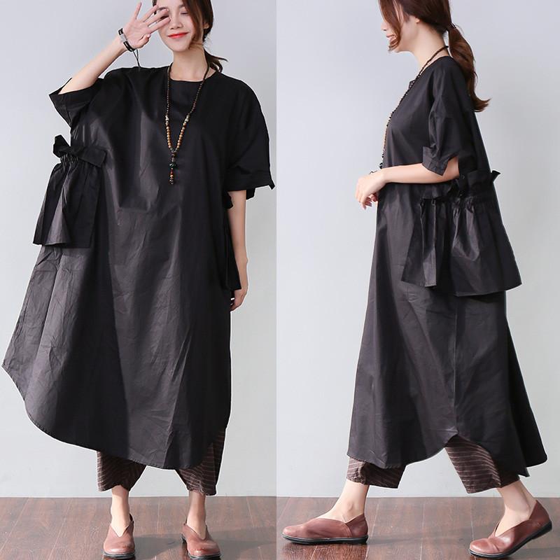 Classy Cotton Dresses Stylish Splicing Summer Loose Cotton Pocket Black Dress