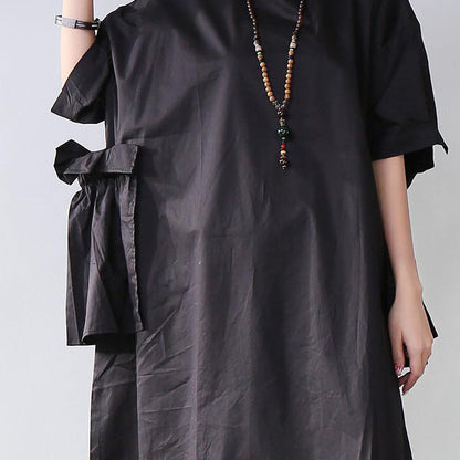 Classy Cotton Dresses Stylish Splicing Summer Loose Cotton Pocket Black Dress