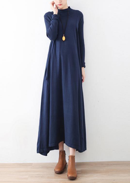 Classy Dark Blue Tunic Dresshigh Neck Batwing Sleeve Robes Fall Dresses