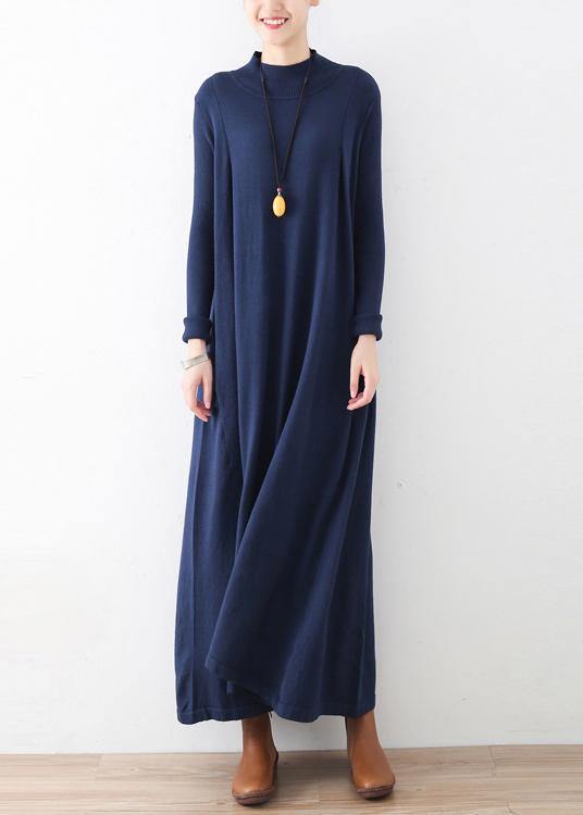 Classy Dark Blue Tunic Dresshigh Neck Batwing Sleeve Robes Fall Dresses