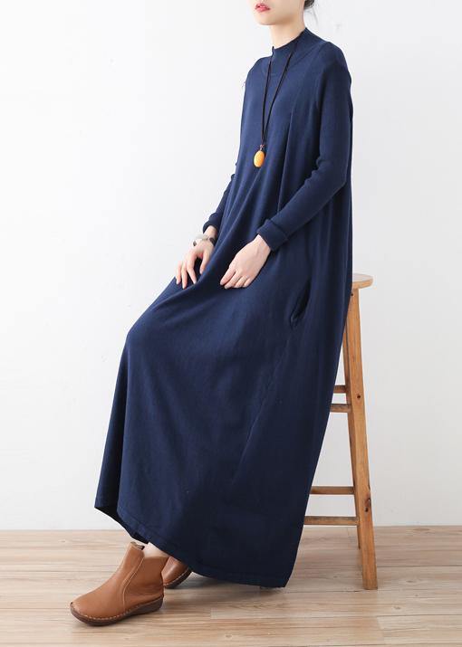 Classy Dark Blue Tunic Dresshigh Neck Batwing Sleeve Robes Fall Dresses