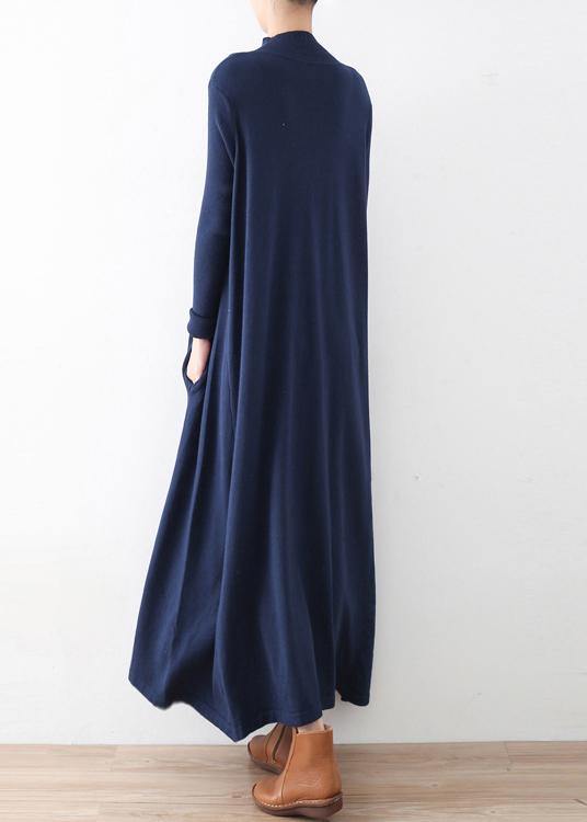 Classy Dark Blue Tunic Dresshigh Neck Batwing Sleeve Robes Fall Dresses