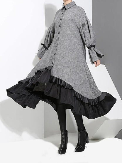 Classy Gray Cotton Quilting Clothes Lapel Ruffles Knee Dress
