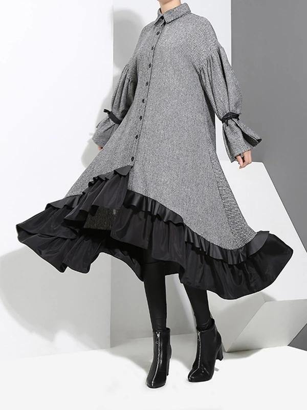 Classy Gray Cotton Quilting Clothes Lapel Ruffles Knee Dress