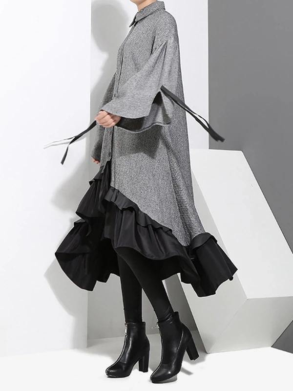 Classy Gray Cotton Quilting Clothes Lapel Ruffles Knee Dress