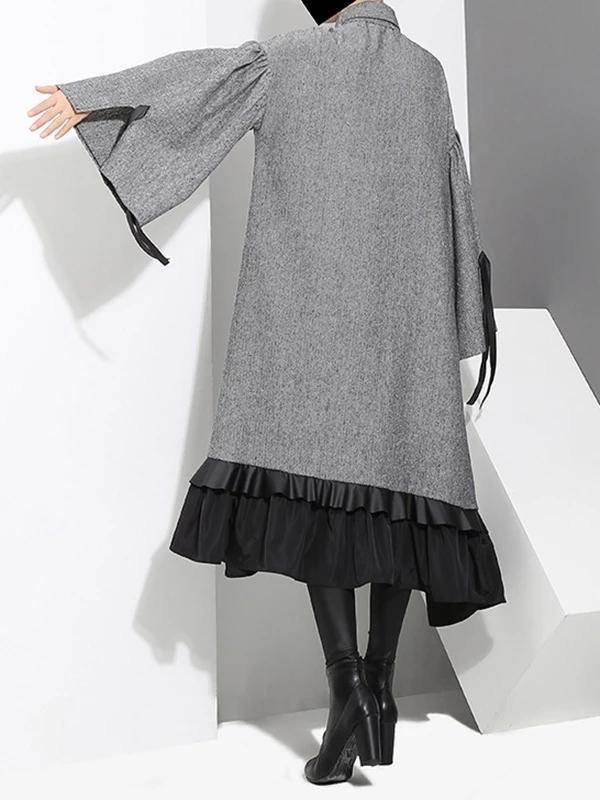 Classy Gray Cotton Quilting Clothes Lapel Ruffles Knee Dress