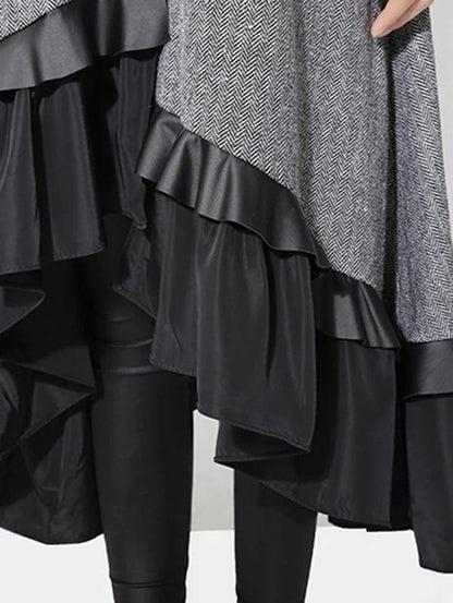 Classy Gray Cotton Quilting Clothes Lapel Ruffles Knee Dress