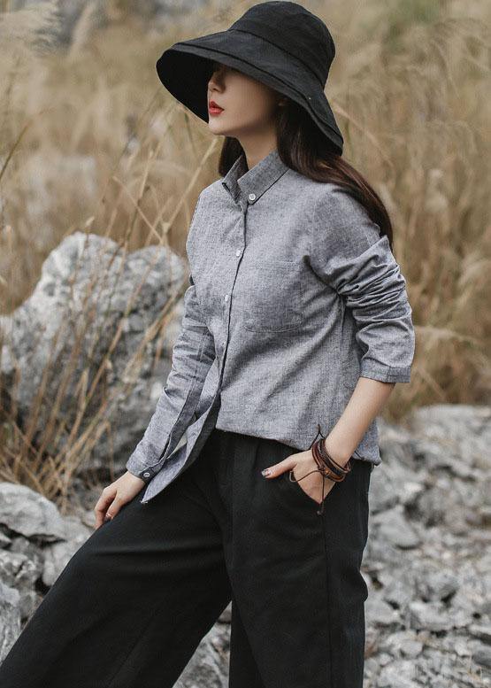 Classy Gray Cotton Linen Clothes for Photography Long Sleeve Fall Shirts