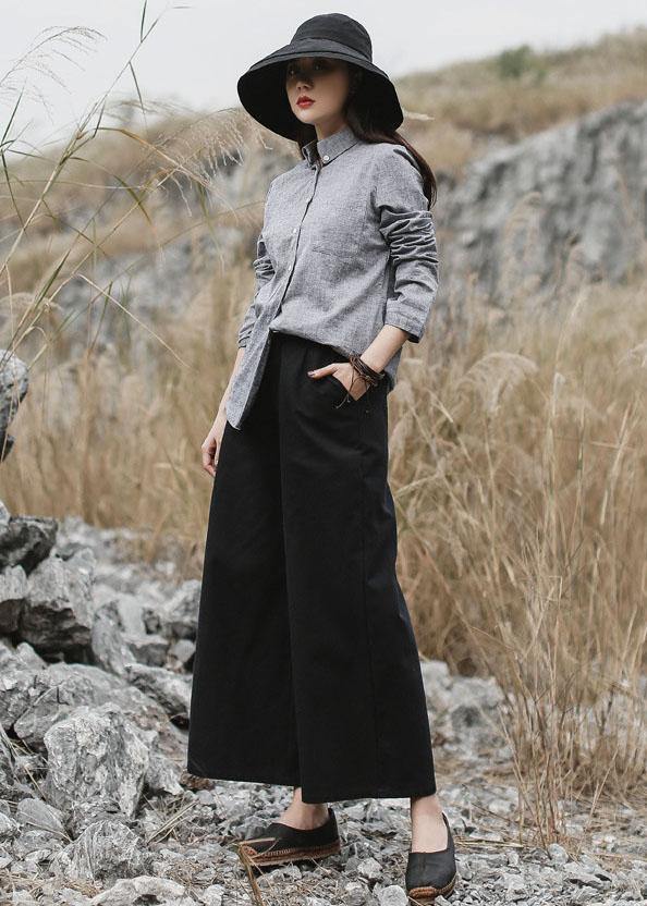 Classy gray cotton linen clothes For Women Photography long sleeve fall shirts