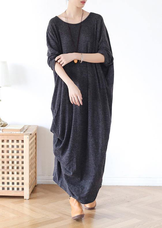 Classy Gray Cotton Tunic Dress O Neck Asymmetric Long Spring Dress