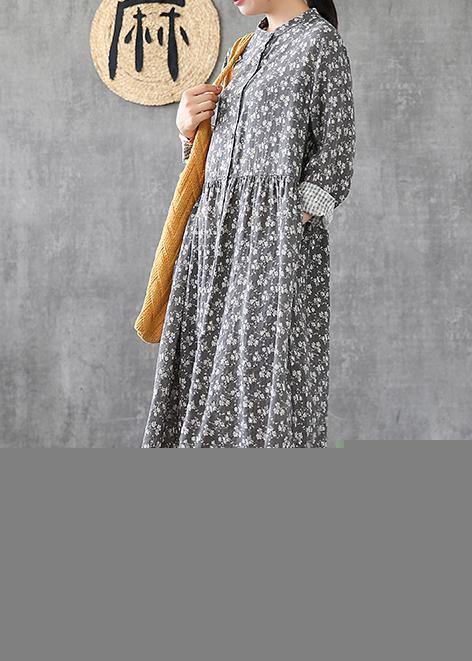 Classy Gray Print Linen Wardrobes Stand Collar Patchwork Short Dresses
