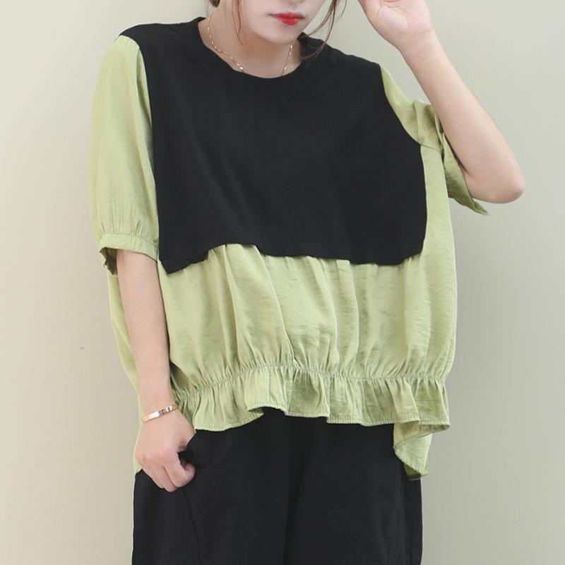 Classy Green Cotton Blouse O Neck Patchwork Art Shirts