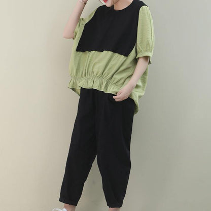 Classy Green Cotton Blouse O Neck Patchwork Art Shirts