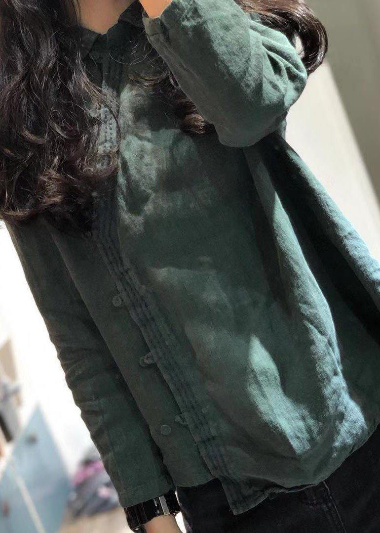 Classy green linen blouses for women POLO collar tunic shirts