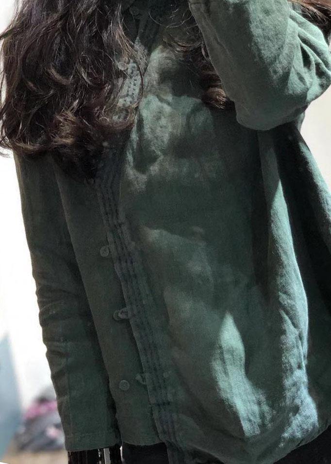 Classy green linen blouses for women POLO collar tunic shirts