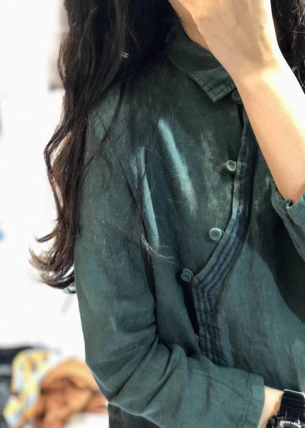 Classy green linen blouses for women POLO collar tunic shirts