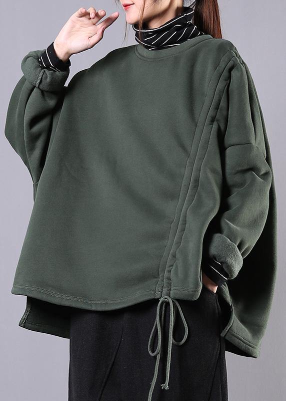 Classy High Neck Drawstring Cotton Tunic Pattern Sleeve Green Blouse