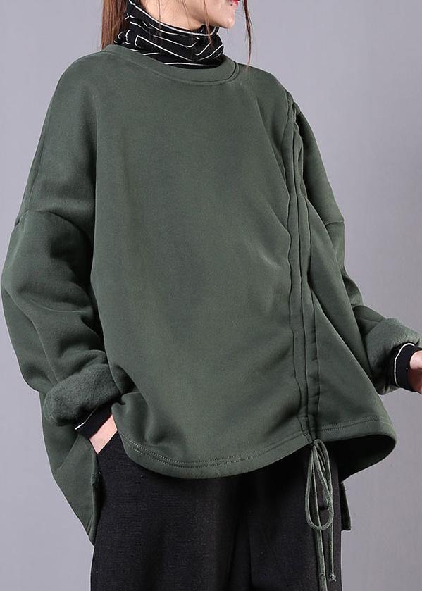 Classy High Neck Drawstring Cotton Tunic Pattern Sleeve Green Blouse