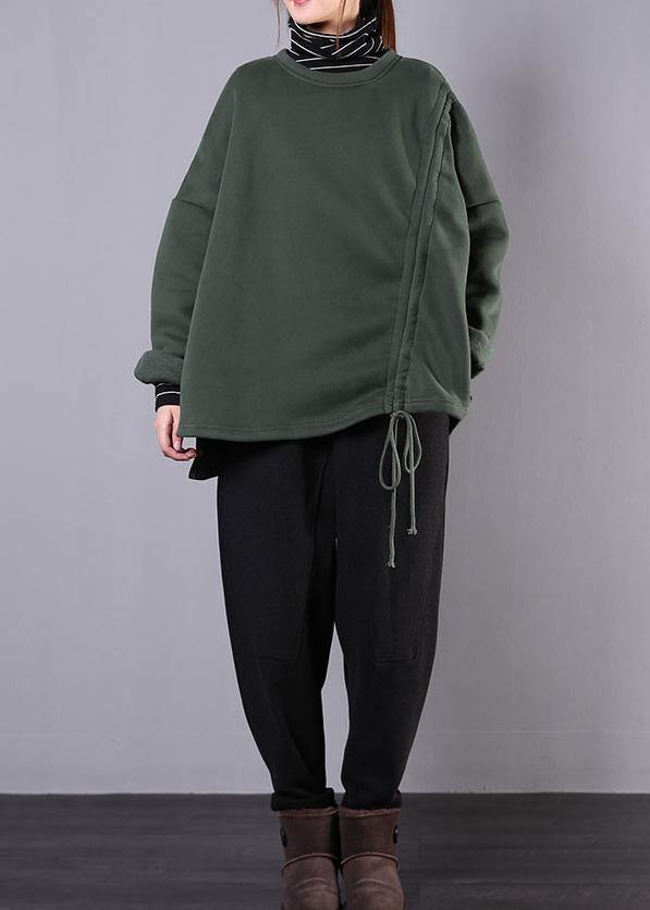 Classy High Neck Drawstring Cotton Tunic Pattern Sleeve Green Blouse