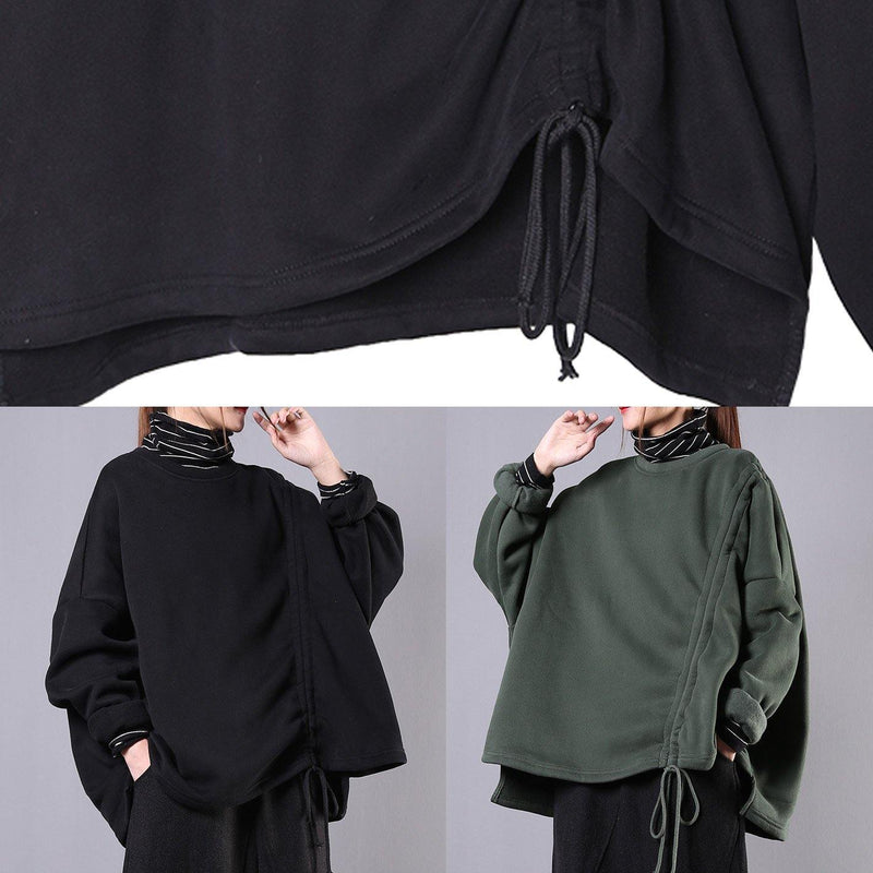 Classy High Neck Drawstring Cotton Tunic Pattern Sleeve Green Blouse