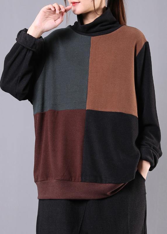 Classy High Neck Patchwork Cotton Fall Blouse Pattern Dark Gray Shirt