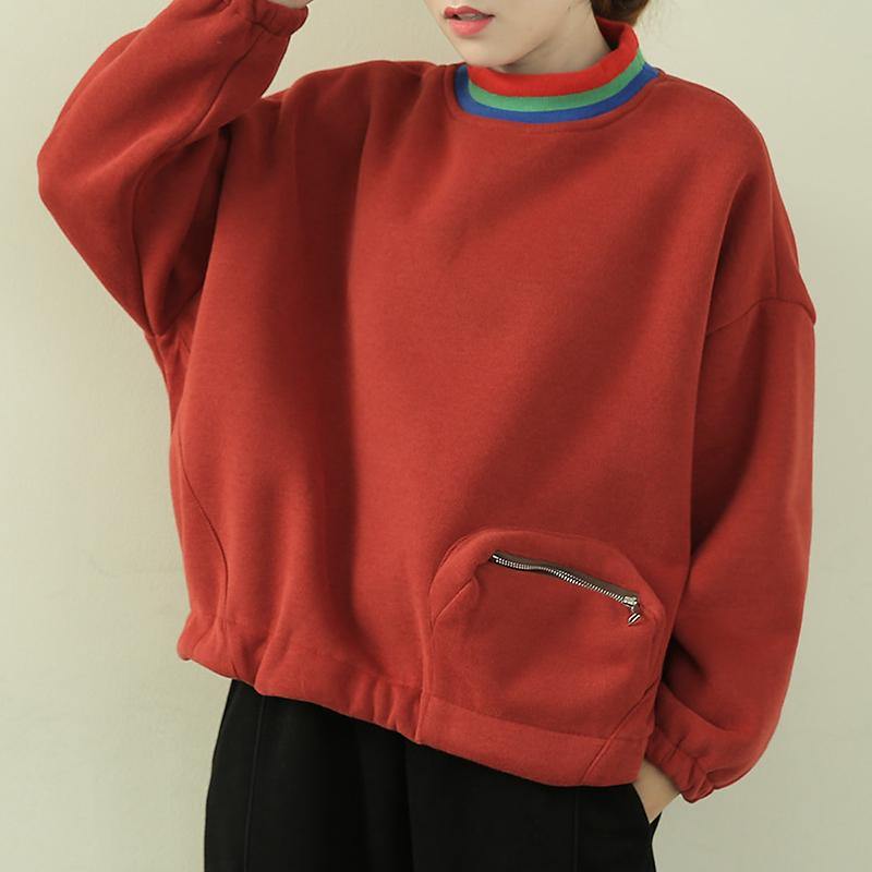 Classy High Neck Patchwork Zippered Tops Orange Blouse