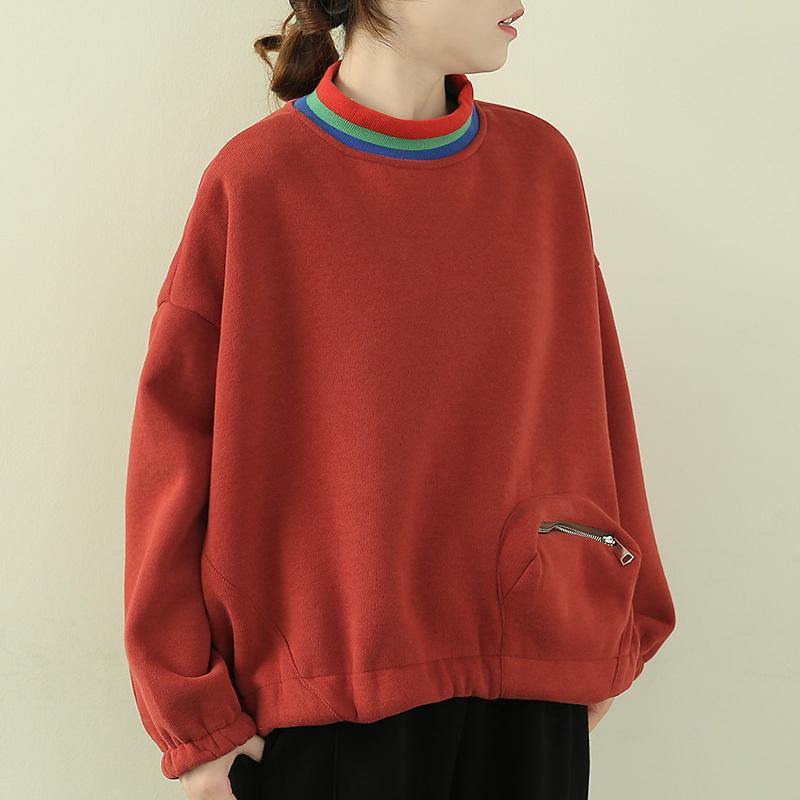 Classy High Neck Patchwork Zippered Tops Orange Blouse