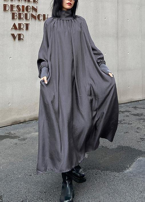 Classy High Neck Cinched Quilting Dresses Shirts Gray Maxi Dresses