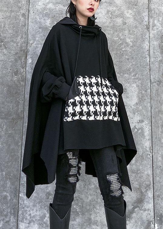 Classy Hooded Asymmetric Cotton Patchwork Shirts Cotton Black Top