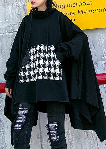 Classy Hooded Asymmetric Cotton Patchwork Shirts Cotton Black Top