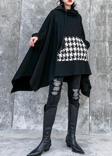 Classy Hooded Asymmetric Cotton Patchwork Shirts Cotton Black Top