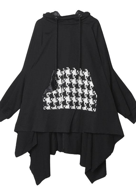 Classy hooded asymmetric cotton patchwork shirts women Cotton black top