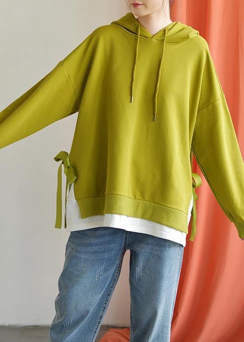 Classy Hooded Drawstring Cotton Clothes for Work Outfits Green Tops Fall