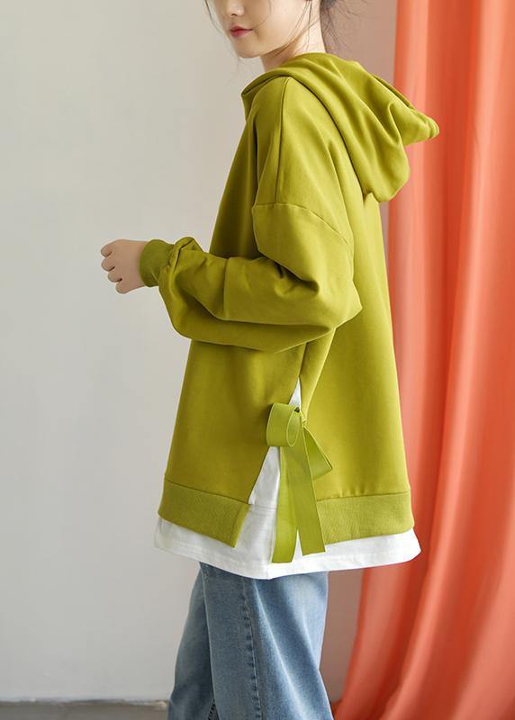 Classy Hooded Drawstring Cotton Clothes for Work Outfits Green Tops Fall