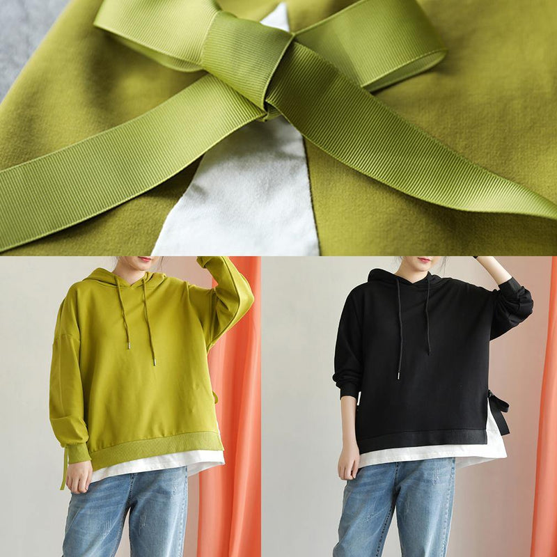 Classy Hooded Drawstring Cotton Clothes for Work Outfits Green Tops Fall