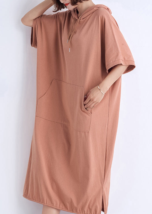 Classy Hooded Half Sleeve Cotton Tunic Top Catwalk Nude Red Dresses Summer