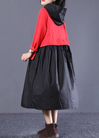 Classy Hooded Patchwork Spring Tunic Dress Photography Red Black Art Dress